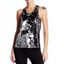 Edgy Express Sequin Tank Top Black Silver Abstract Scoop Neck Racerback Small picture