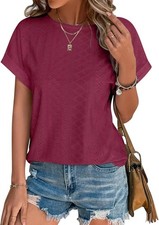 Womens Eyelet Embroidery Top Short Sleeve Curved Hem Loose Fit Summer T Shirt picture
