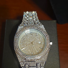 Silver Tone Iced Out Analog Wristwatch Date Indicator Metal Bracelet Round picture