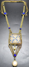 Amazing Art Deco Blue Glass Painted Frame Necklace picture