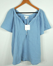 Cynthia Rowley Women’s 2X Blue Gauze Blouse Button V-Neck Short Sleeve NWT picture