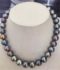 HUGE PERFECT 9-10 mm TAHITIAN BLACK RED GREEN PEARL NECKLACE 18