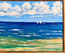 Original 8x10 Framed Ocean Seascape Painting Sailboats Coastal Beach. picture