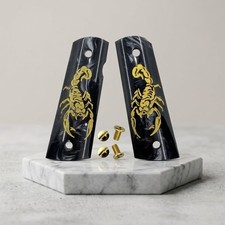 Custom Gold Scorpion 1911 Grips Black Marbled Acrylic Panels With Hardware Set picture