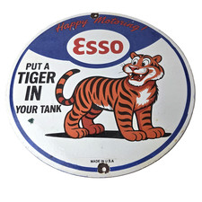 Vintage Esso Gasoline Sign - Gas Pump Service Station Tiger Tank Porcelain Sign picture