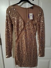 NWT WINDSOR Sheer Gold Sequin Illusion Mesh Panel Long Sleeve Dress XS  picture