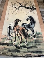 Vintage Large Chinese Hanging Scroll Painting 3 Horses Ink & Wash Art Signed picture