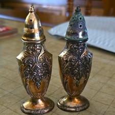 Vintage Poole Silver Co. 548 Metal Floral Embossed Salt & Pepper Shaker Set, 2pc picture