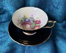 Vintage Paragon Orchard Fruit Teacup Saucer Black and Gold Bone China picture