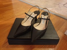 Jimmy Choo Black Leather Slingback Pumps Logo Strap Pointed Toe EU 38 US 7.5 picture