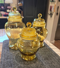 Indiana Glass Co Amber Textured Glass Canister Set w/ Lids 3pc 12in picture