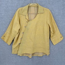 Heydari Linen Asymmetrical Button Top Women One Size Yellow Textured Boho 3/4 picture