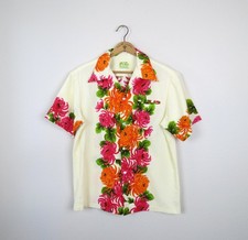 Vintage 1960s men's Hawaiian shirt cotton barkcloth neon size medium picture