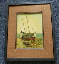 Mid Century Original Oil Painting Boats Elizabeth A Laslo Impasto Coastal Art picture