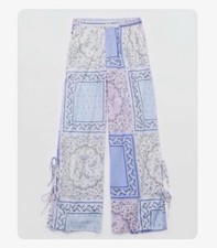 Aerie Off-Duty Seersucker Paisley Side Tie Trousers Monaco Blue M picture