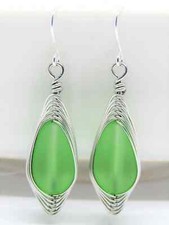 Blue Teardrop Earrings Frosted Sea Glass Silver Wire Braided Ladies picture