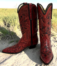 Vtg LARRY MAHAN RARE Dark Red Floral Tooled Leather Cowgirl Western Boots 8.5B picture