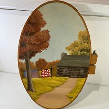 Vintage Dublo Oil Painting Wall Art Cabin Landscape Folk Art 1985 Quilt Hoop picture