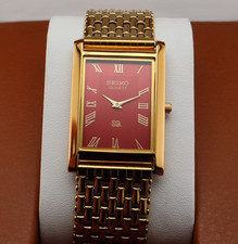 Vintage Seiko Slim Quartz Men's Wrist Watch Red  Dial with Gold Bracelet. picture