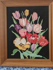 VTG Tulip Design Handmade Needlepoint Wood Framed Picture No Glass 12