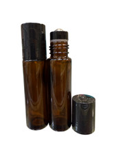 300 PCS, 10ml [1/3 oz] AMBER Roll on Bottle & Plastic Black Caps w/Steel Roller picture