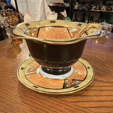 Vintage Noritake Art Deco Orange & Black Gilt Porcelain Bowl, Saucer & Ladle Set picture
