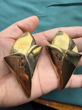 Vtg Unmarked Heavy Metal Gold Tone Tulip Flower Clip Earrings Drop Dangling picture