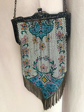 Antique 1920s Mandalian Mfg Co Enameled Mesh Purse | Art Deco Pastel Flapper Bag picture
