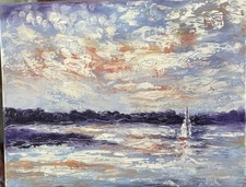 Original oil canvas painting 11 x 14 sailboat California lake textured clouds  picture