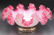 19C Victorian Cased Pink & White Glass Brides Basket w/ Sterling Silver Stand picture