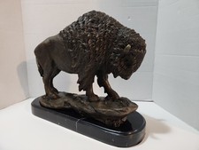 Large Vintage RARE Bronze Bison Buffalo HEAVY Sculpture With Black Marble Base picture