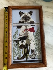 Vintage Finished Cross Stitch Art - Siamese Cat & Aquarium (1992) 12” picture
