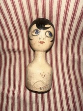 Antique Dowel Wooden Folk Art Painted Flapper Girl Style Head picture