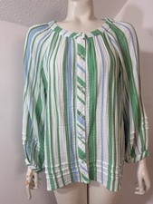 Talbots Womens Large Blouse Top Crinkle Cotton Green Blue Striped Pintuck Pleats picture