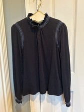 BODEN Tia Smocked Neck Jersey Top Navy Embroidered Mock Neck Size 14 Preowned  picture