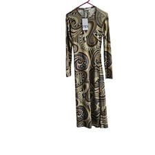 new Zara Dress Womens Small Brown Tan Swirl Print Long Sleeve Retro Stretch picture