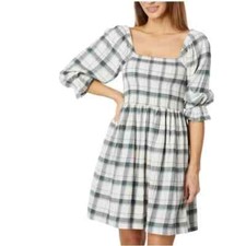 Madewell Lucie Elbow-Sleeve Smocked Mini Dress S Plaid Checkered Cotton Pockets picture