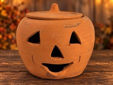 VINTAGE TERRACOTTA JACK O LANTERN PUMPKIN CANDLE HOLDER HALLOWEEN DECOR POTTERY picture