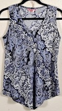 SJS Women’s Petite Large Sleeveless Paisley Lace Print Top Blue White V-Neck picture