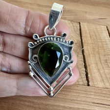 Vintage Brutalist Artisan Pendant 2 Inch Green Lab Peridot Gem 925 Sterling 7.7g picture