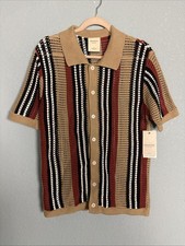 Massive Luxury Open Knit Crochet Polo Shirt Men’s S Striped Button Up Tan Rust picture