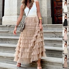 Women Boho Layered Tulle Maxi Skirt High Waist Ruffle Long Skirt S-XXL picture