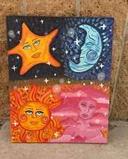 Sun Moon Stars Woman Surrealism Painting on Canvas Celestial Fantasy Unframed picture