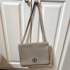 Tory Burch Beige Logo Magnetic Flap Shoulder Bag Silver Chain Strap + Dust Bag picture
