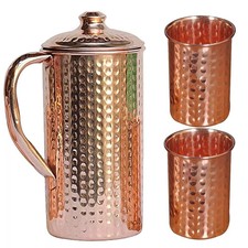 Pure Copper Water Jug Pitcher Hammered Pot With 1.5L Glass For Health Benefits picture