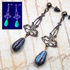 Bronze Art Deco Uranium Glass Earrings Geometric Blue Wash picture