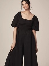 Maeve Anthropologie Black Puff Sleeve Midi Jumpsuit Cotton M picture