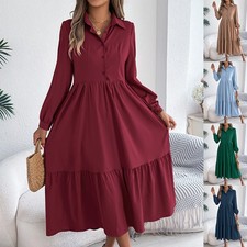 Women's Lapel Casual Loose Long Sleeve Ruffled Shirt Dresses Long Sleeved Turn-d picture