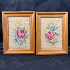 Vintage Floral Needlepoint Pair Framed Rose Embroidery Wood Wall Decor Set picture