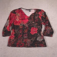 Additions By Chico's Shirt Womens 2 Black Floral V Neck 3/4 Sleeve Jersey Top picture